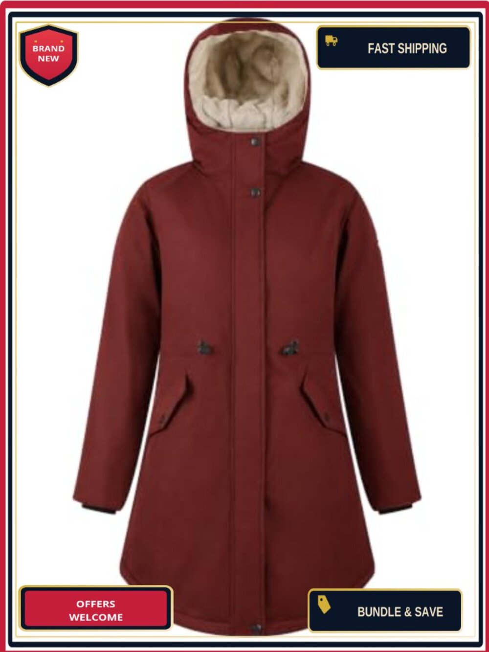 Women's Insulated Long Winter Parka Fleece Lined Waterproof Drawstring Waist